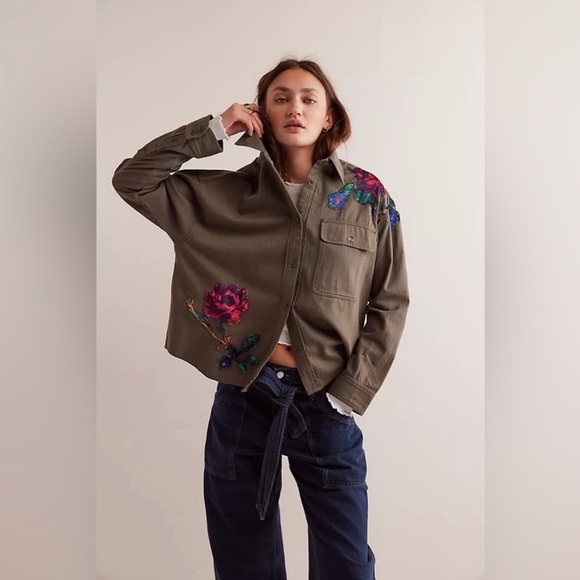 Free People Tops - New We The Free by Free People Velvet Roses Green Utility Military Shirt Top